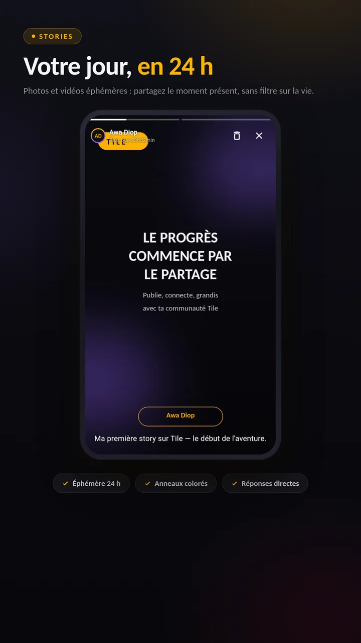 Capture réelle de Tile : visionneuse de stories plein écran