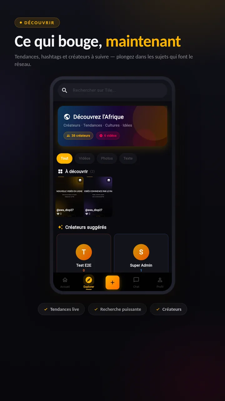Capture réelle de Tile : l'écran Explorer avec bannière et suggestions