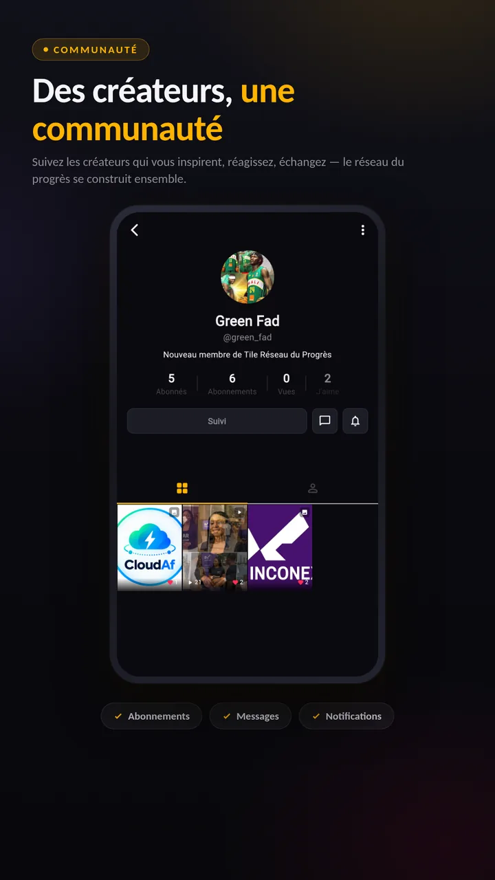 Capture réelle de Tile : le profil d'un créateur avec bouton Suivre